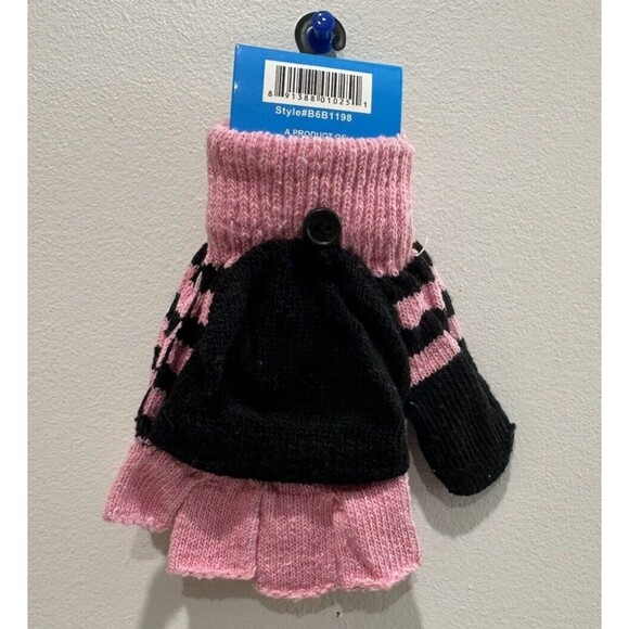 Girls fingerless glove mitten striped pink black knitted convertible flip top - Picture 2 of 3